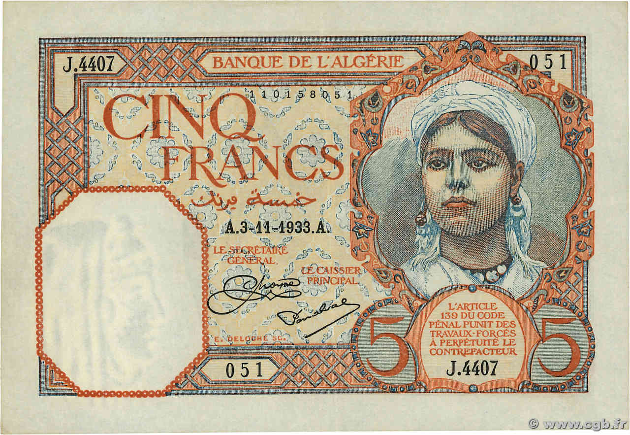 5 Francs ALGERIEN  1933 P.077a VZ+