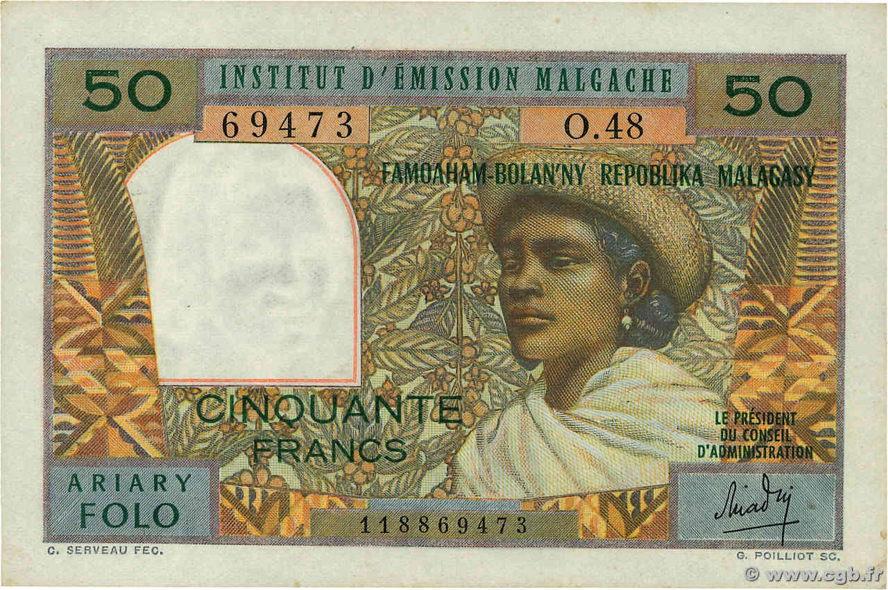 50 Francs - 10 Ariary MADAGASCAR  1969 P.061 SC+