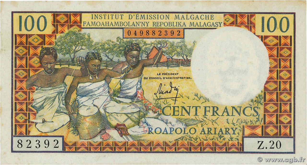 100 Francs - 20 Ariary MADAGASCAR  1966 P.057a AU