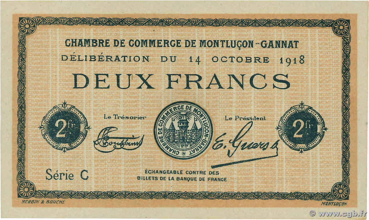 2 Francs Non émis FRANCE régionalisme et divers Montluçon, Gannat 1918 JP.084.49var SPL