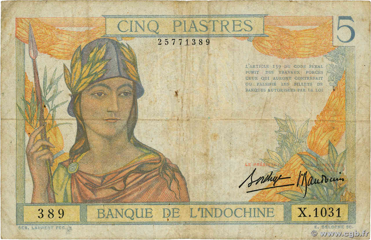 5 Piastres INDOCHINE FRANÇAISE  1936 P.055b B