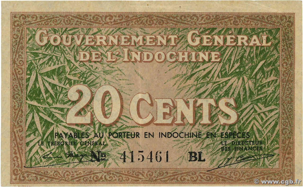 20 Cents INDOCINA FRANCESE  1939 P.086d q.SPL