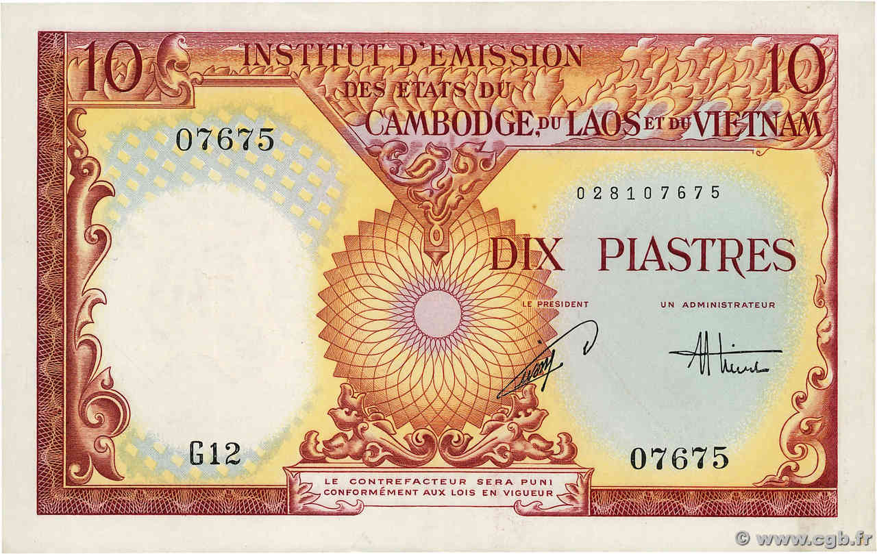 10 Piastres - 10 Dong FRANZÖSISCHE-INDOCHINA  1953 P.107 fVZ