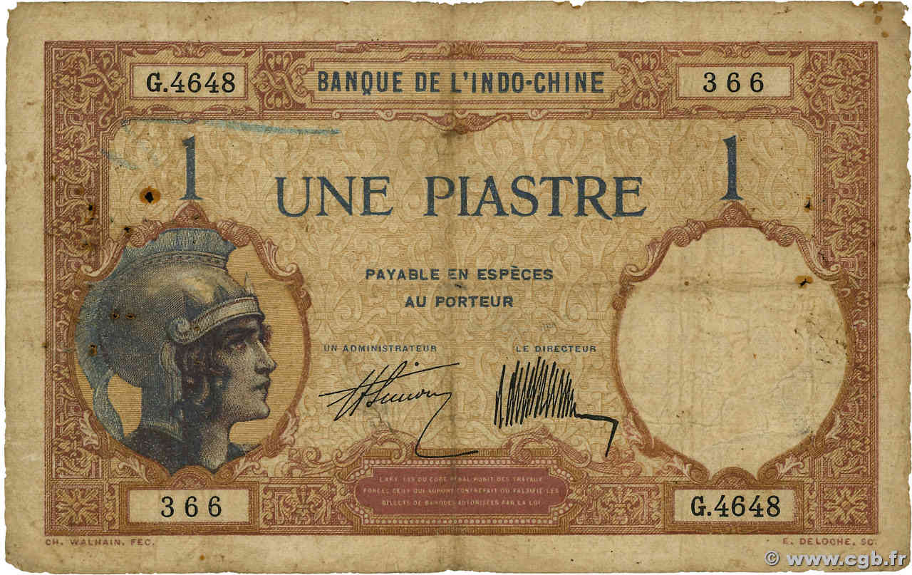 1 Piastre FRANZÖSISCHE-INDOCHINA  1927 P.048b SGE