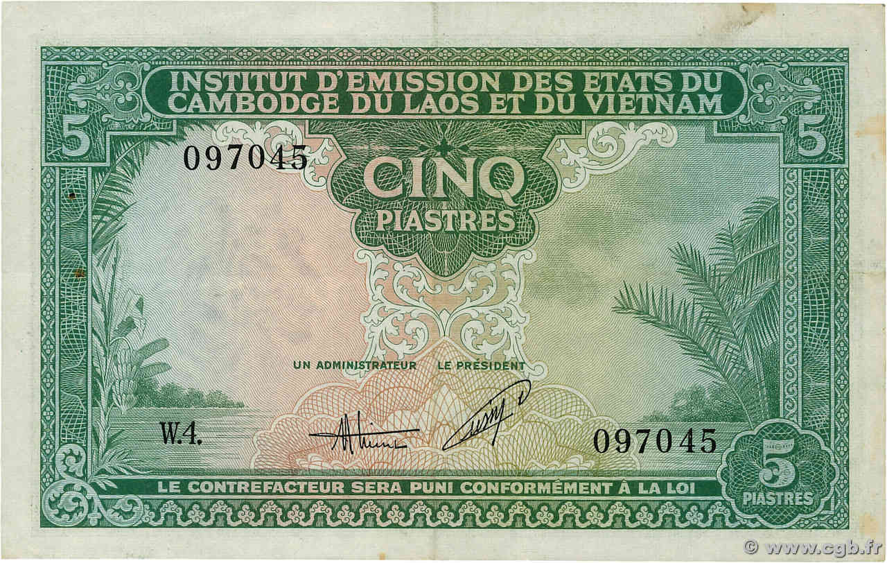 5 Piastres - 5 Dong FRENCH INDOCHINA  1953 P.106 VF+