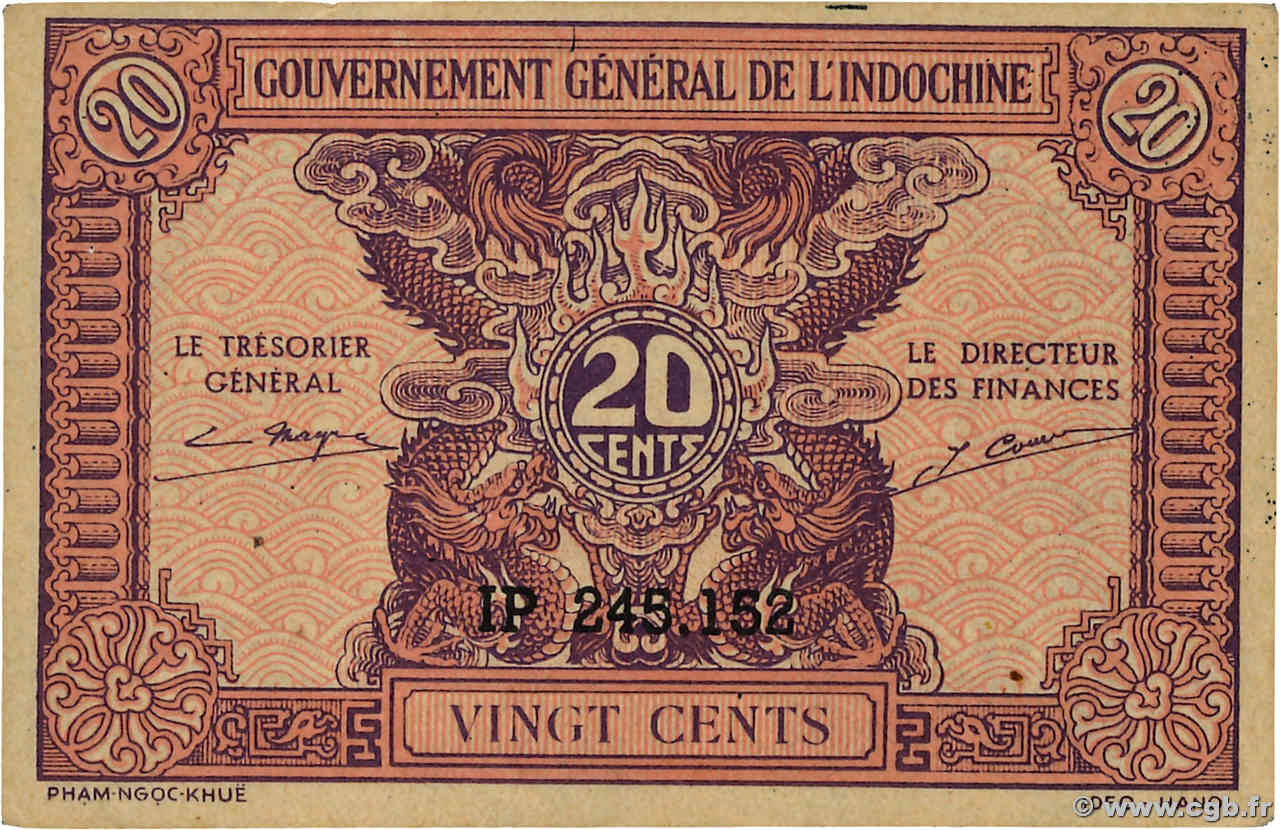 20 Cents INDOCINA FRANCESE  1942 P.090a AU+