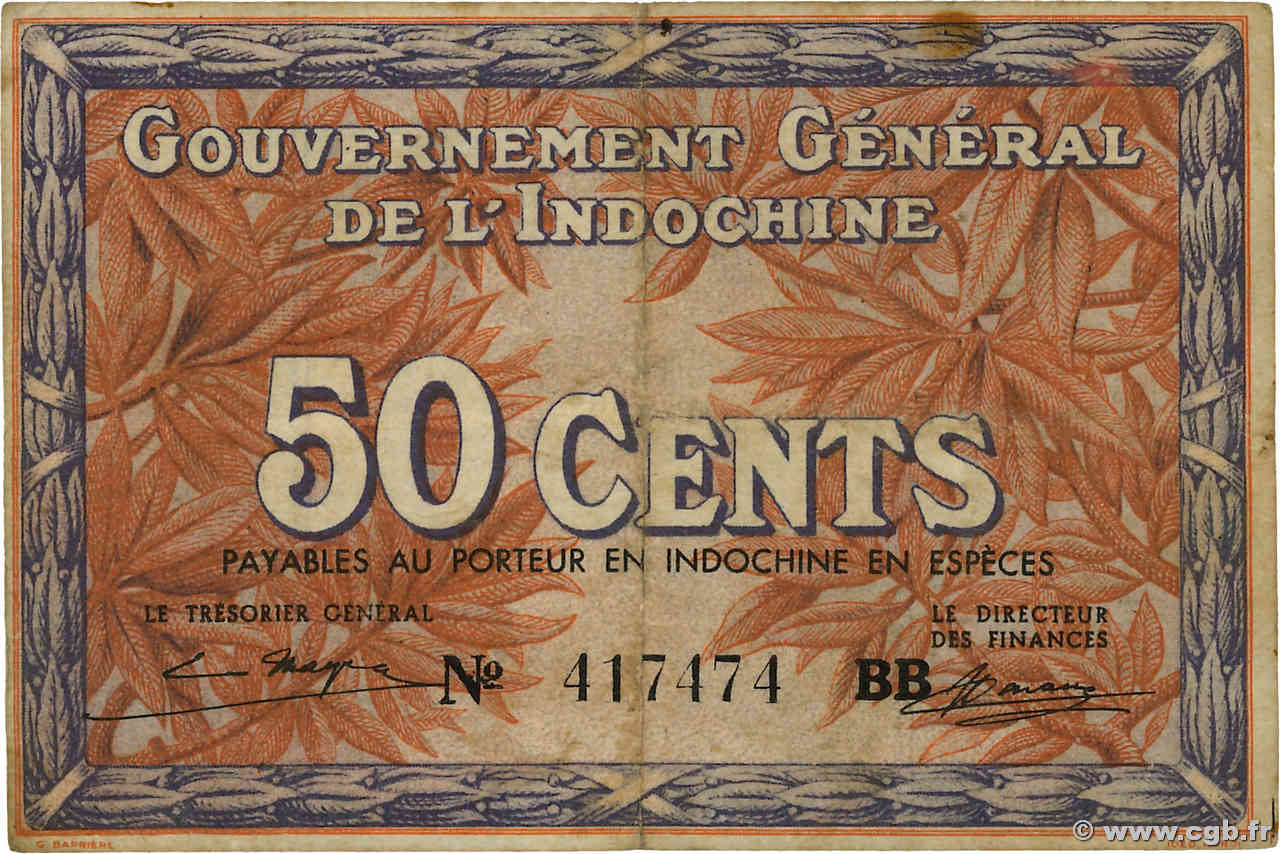 50 Cents INDOCINA FRANCESE  1939 P.087c q.BB