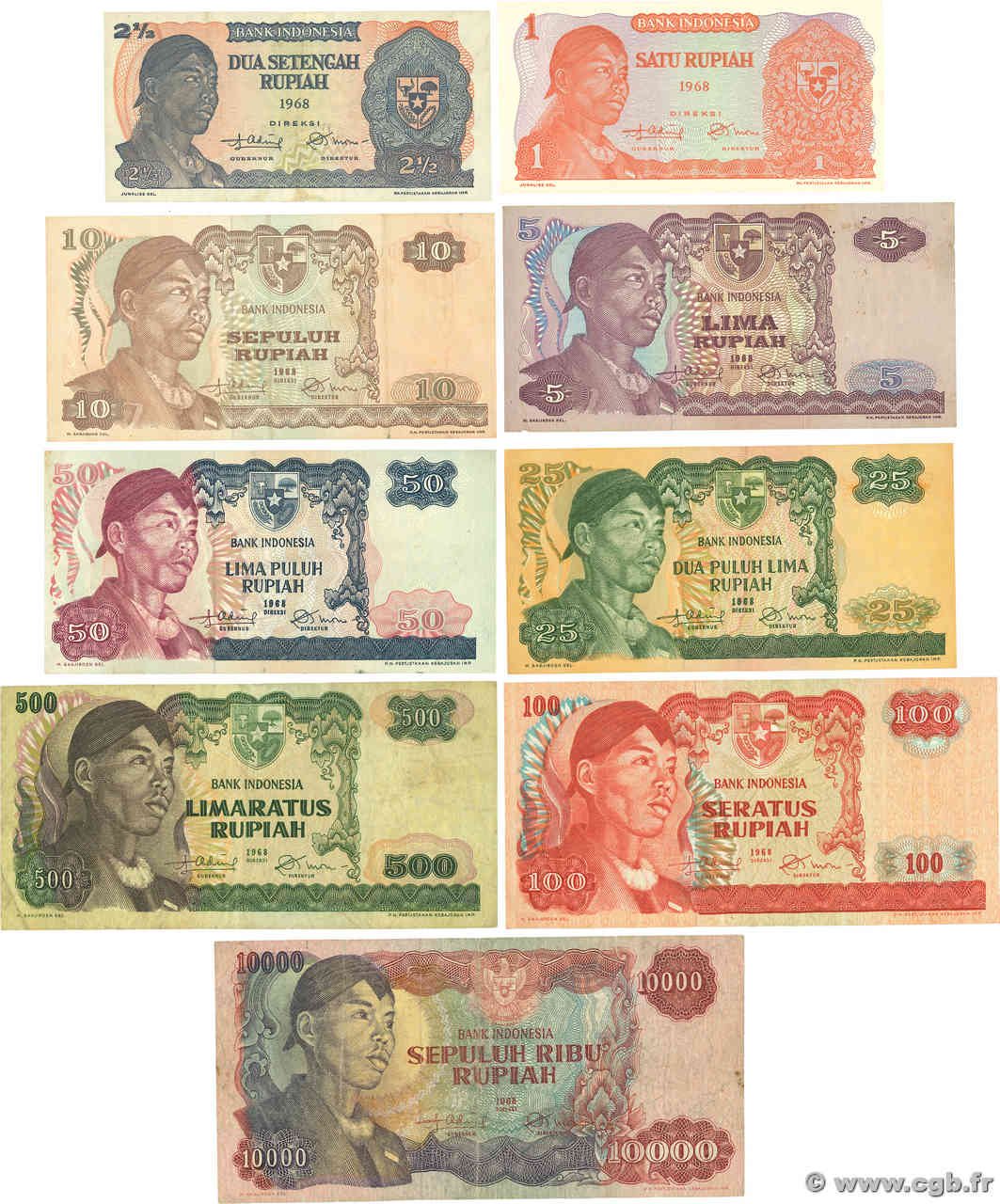 1 à 10000 Rupiah Lot INDONÉSIE  1968 P.102 à P.109 et P.112 TB