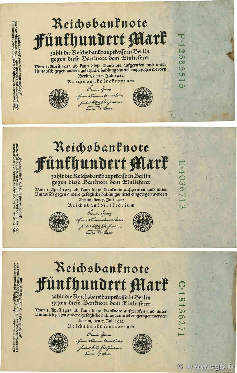 500 Mark Lot ALLEMAGNE  1922 P.074a TTB