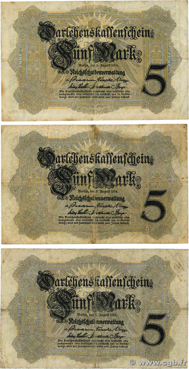 5 Mark Lot GERMANY  1914 P.047b F