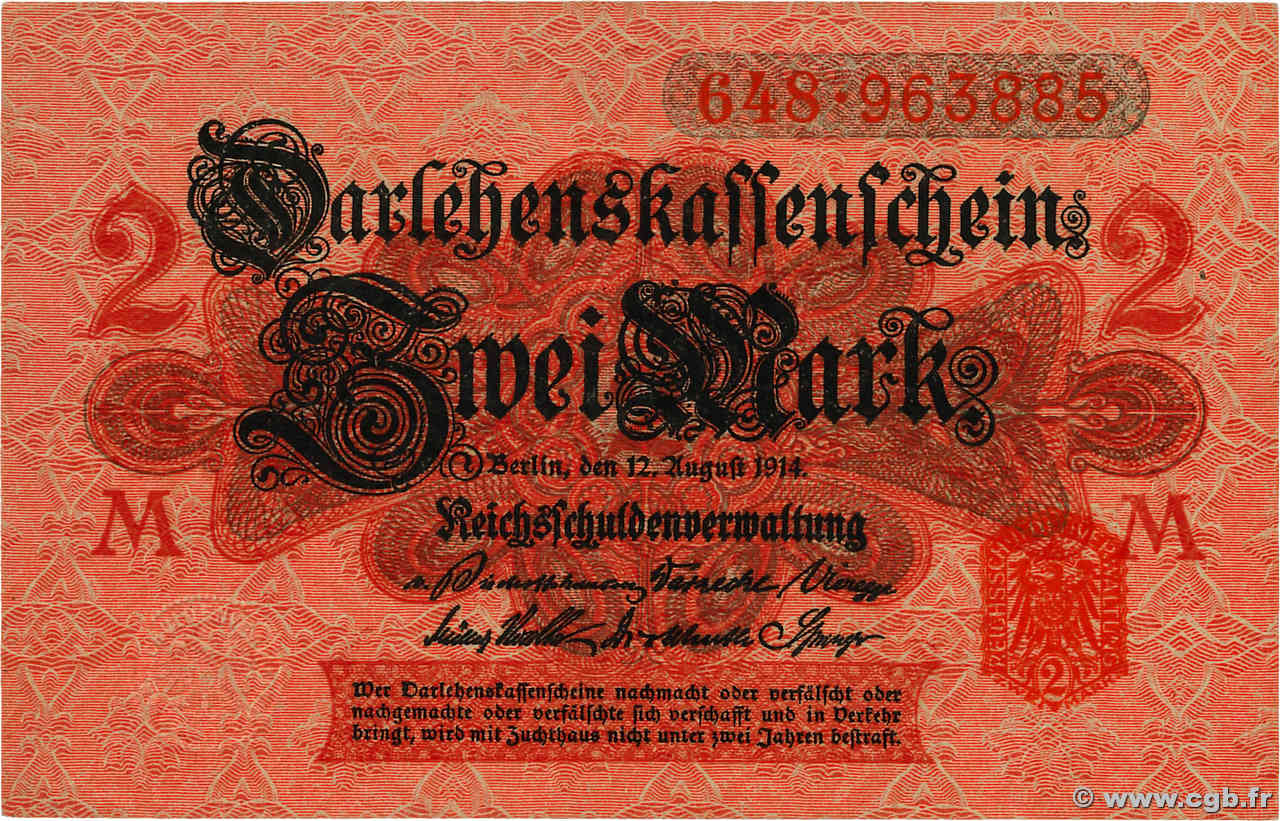 2 Mark GERMANY  1914 P.054 AU