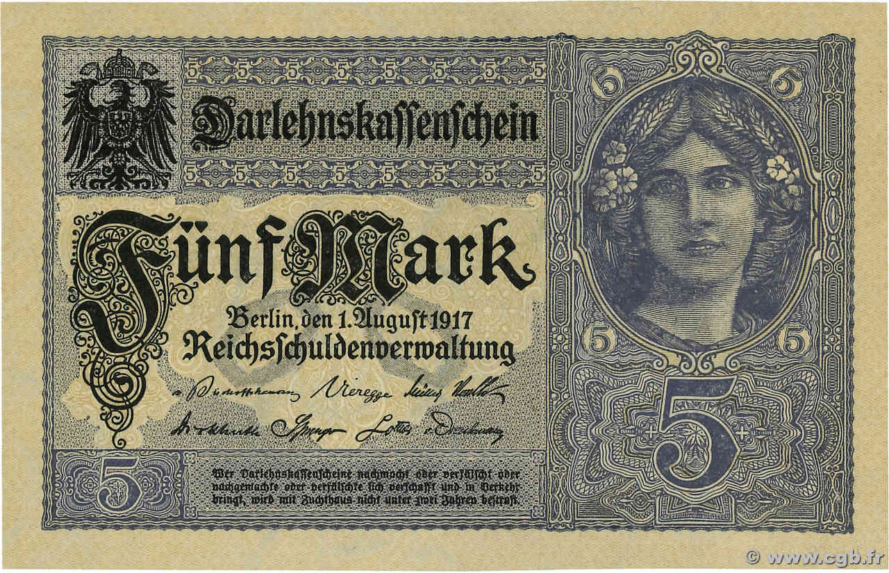 5 Mark GERMANY  1917 P.056b UNC-