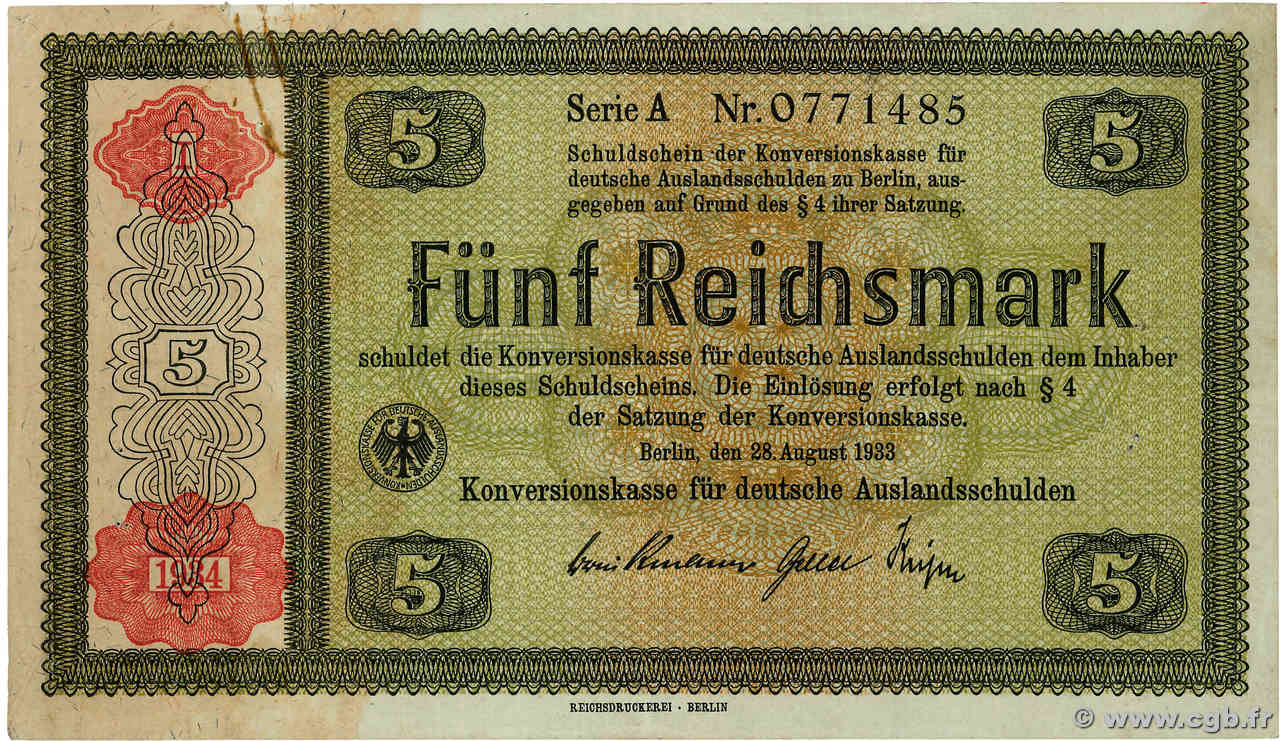 5 Reichsmark DEUTSCHLAND  1934 P.207 fVZ