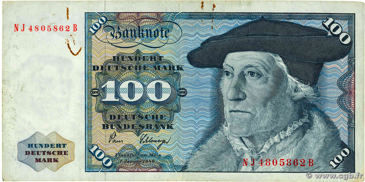 100 Deutsche Mark GERMAN FEDERAL REPUBLIC  1980 P.34d q.BB