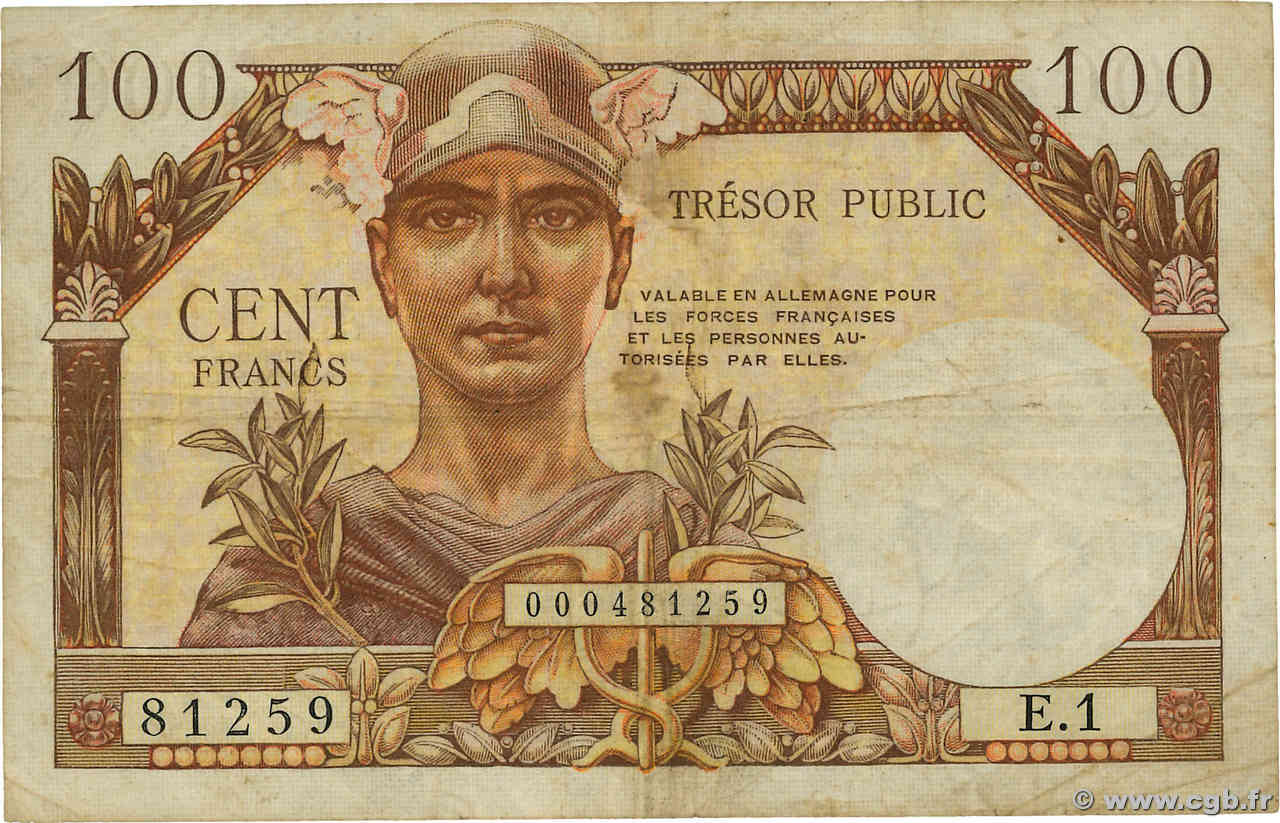 100 Francs TRÉSOR PUBLIC FRANCE  1955 VF.34.01 B+