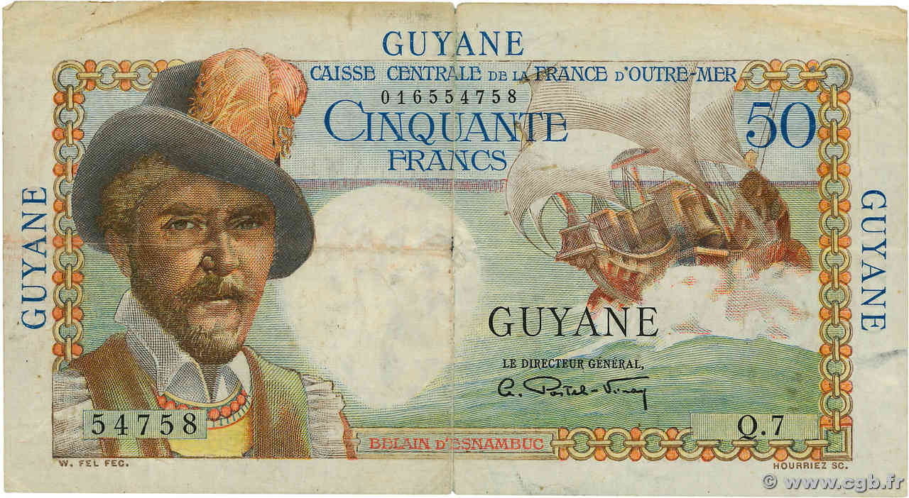 50 Francs Belain d Esnambuc FRENCH GUIANA  1946 P.22a q.MB