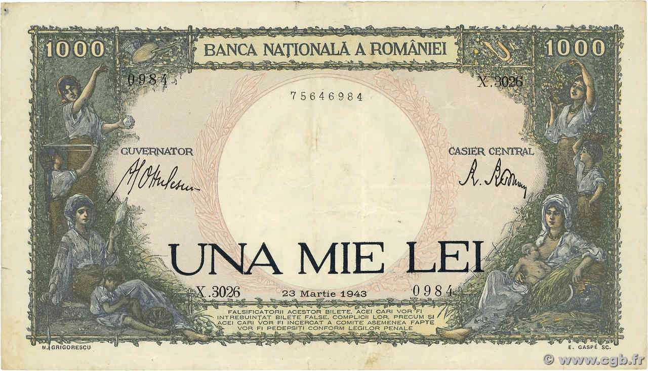 1000 Lei ROMANIA  1943 P.052a VF-