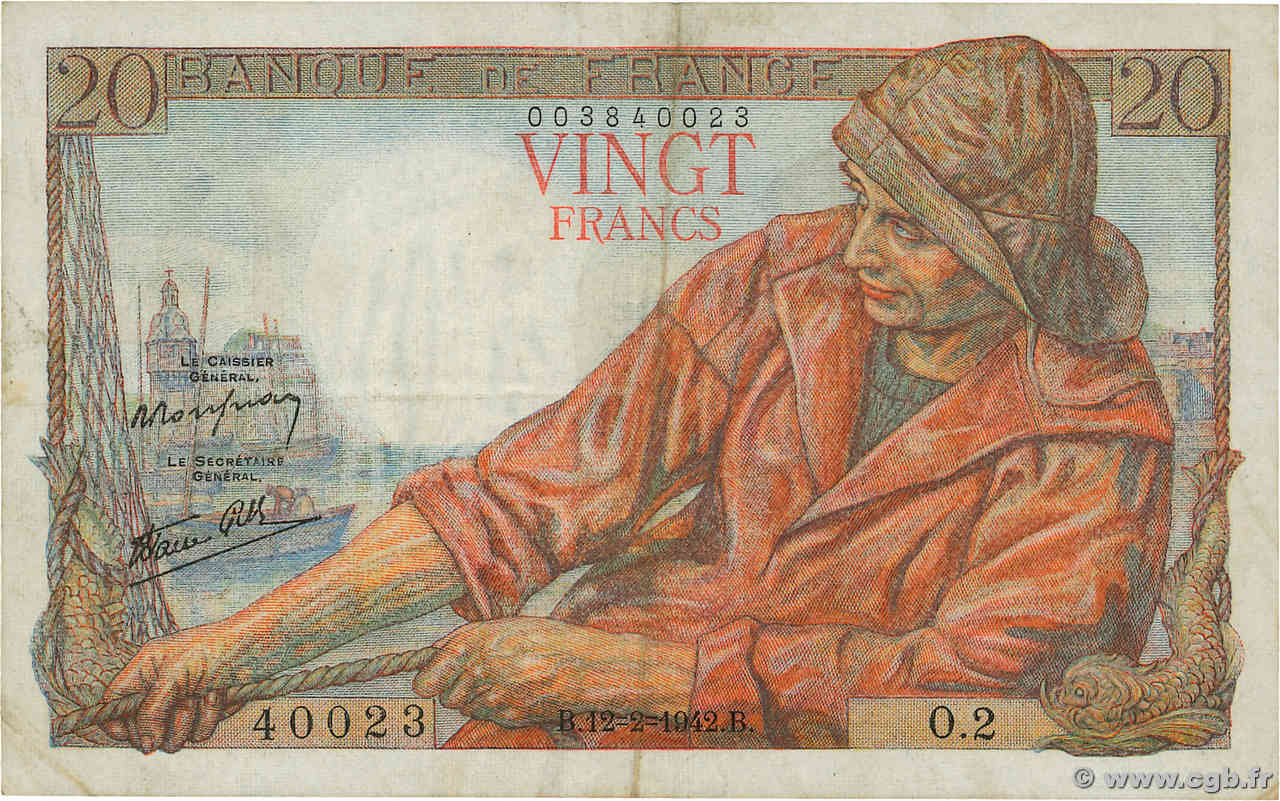 20 Francs PÊCHEUR FRANCE  1942 F.13.01 TB+