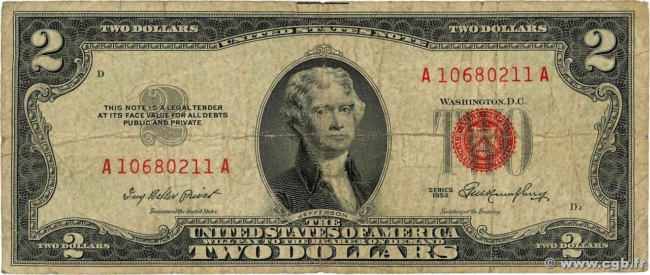 2 Dollars ÉTATS-UNIS D AMÉRIQUE  1953 P.380a B+