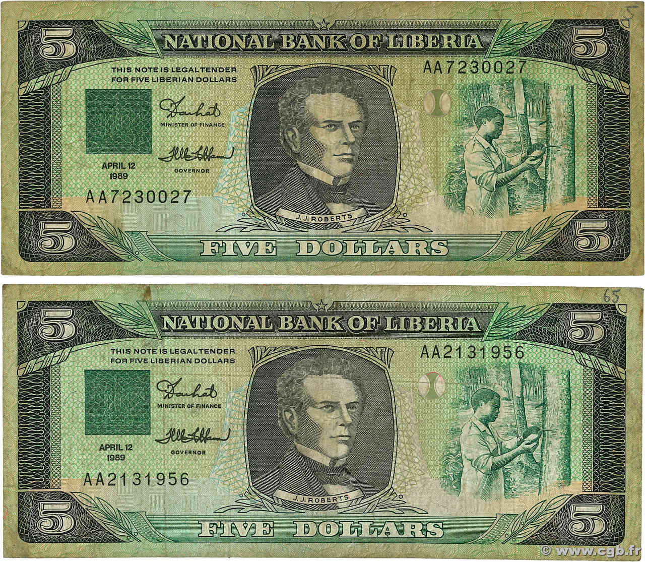 5 Dollars Lot LIBERIA  1989 P.19 fS