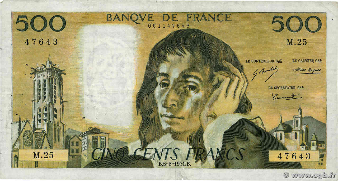 500 Francs PASCAL FRANCE  1971 F.71.06 TB