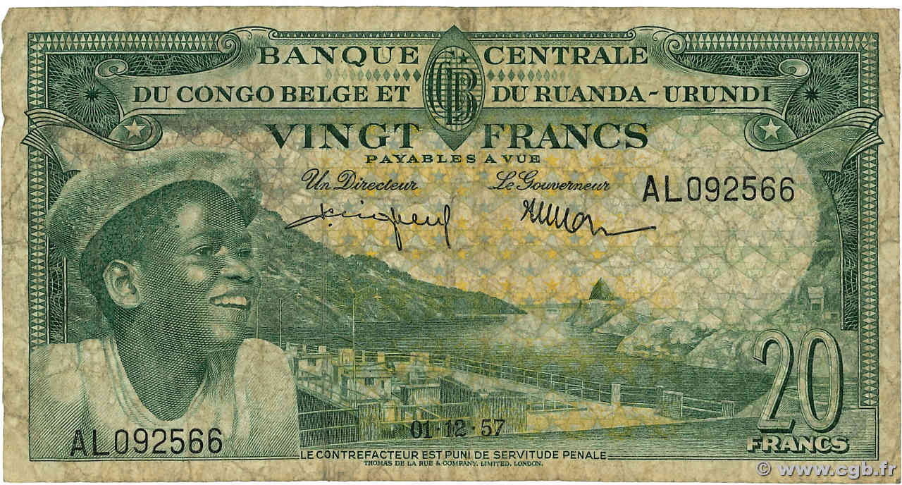 20 Francs Lot BELGIAN CONGO  1957 P.31 G