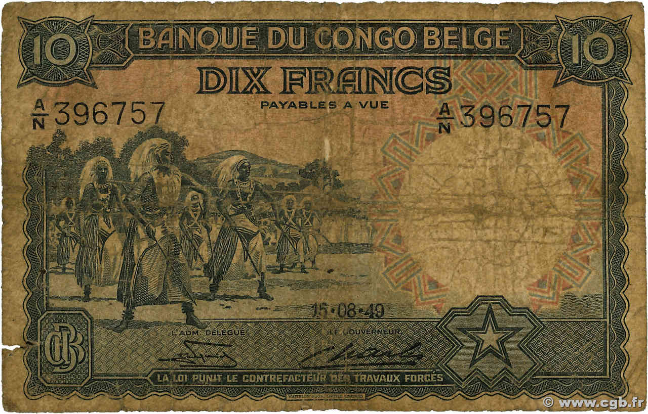 10 Francs BELGIAN CONGO  1949 P.14E P