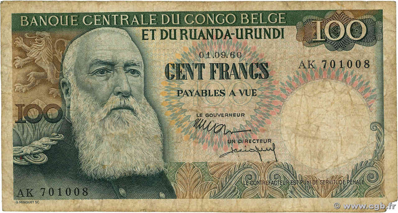 100 Francs BELGISCH-KONGO  1960 P.33b SGE