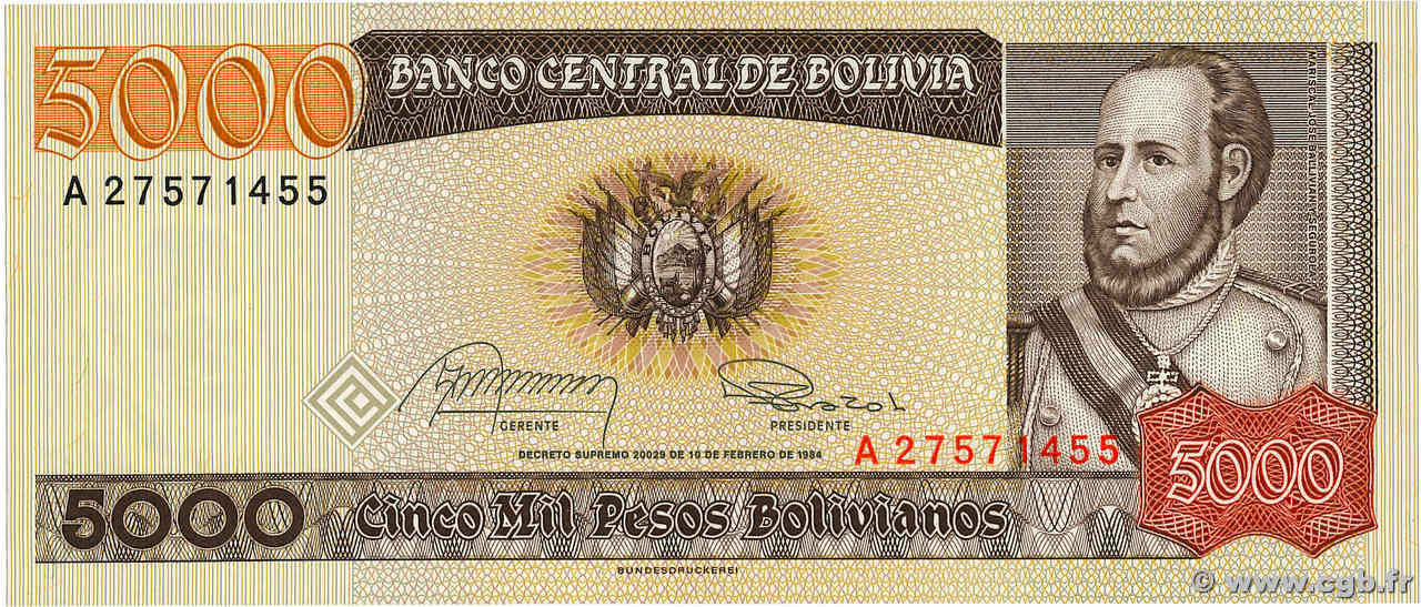 5000 Pesos Bolivianos BOLIVIE  1984 P.168a NEUF