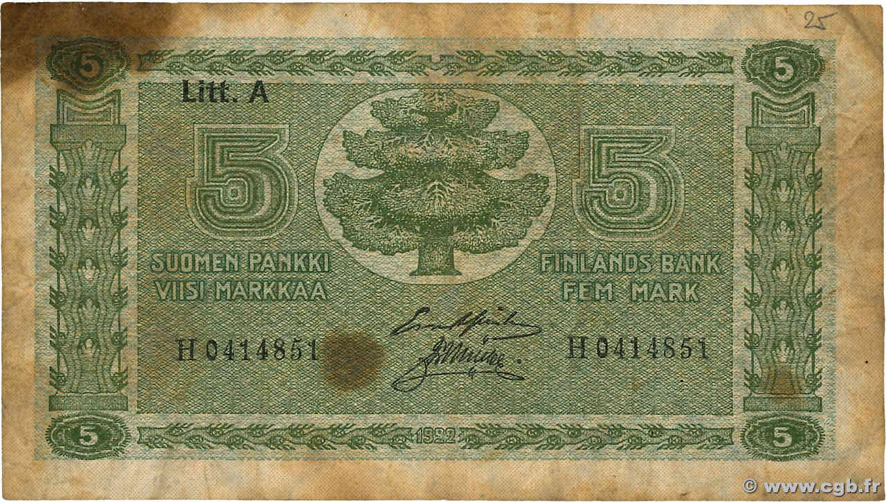 5 Markkaa FINLAND  1922 P.049 G