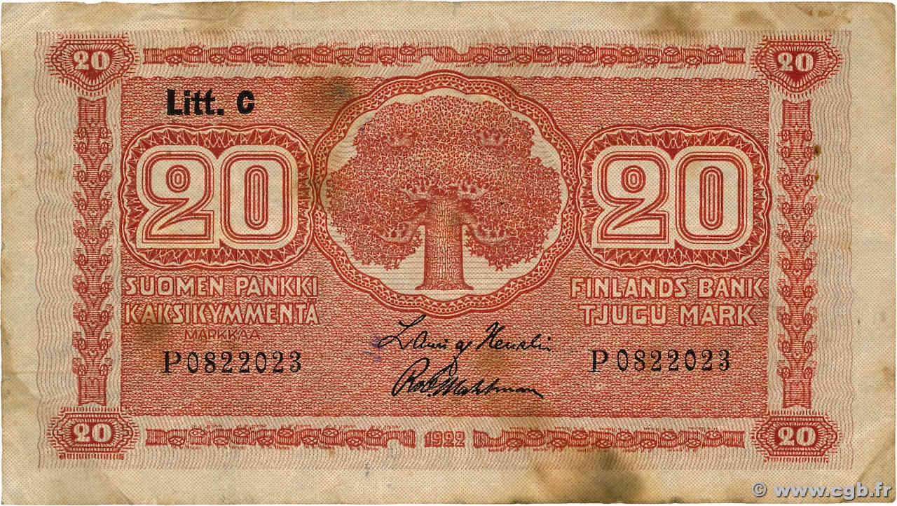 20 Markkaa FINLANDE  1922 P.063a TB