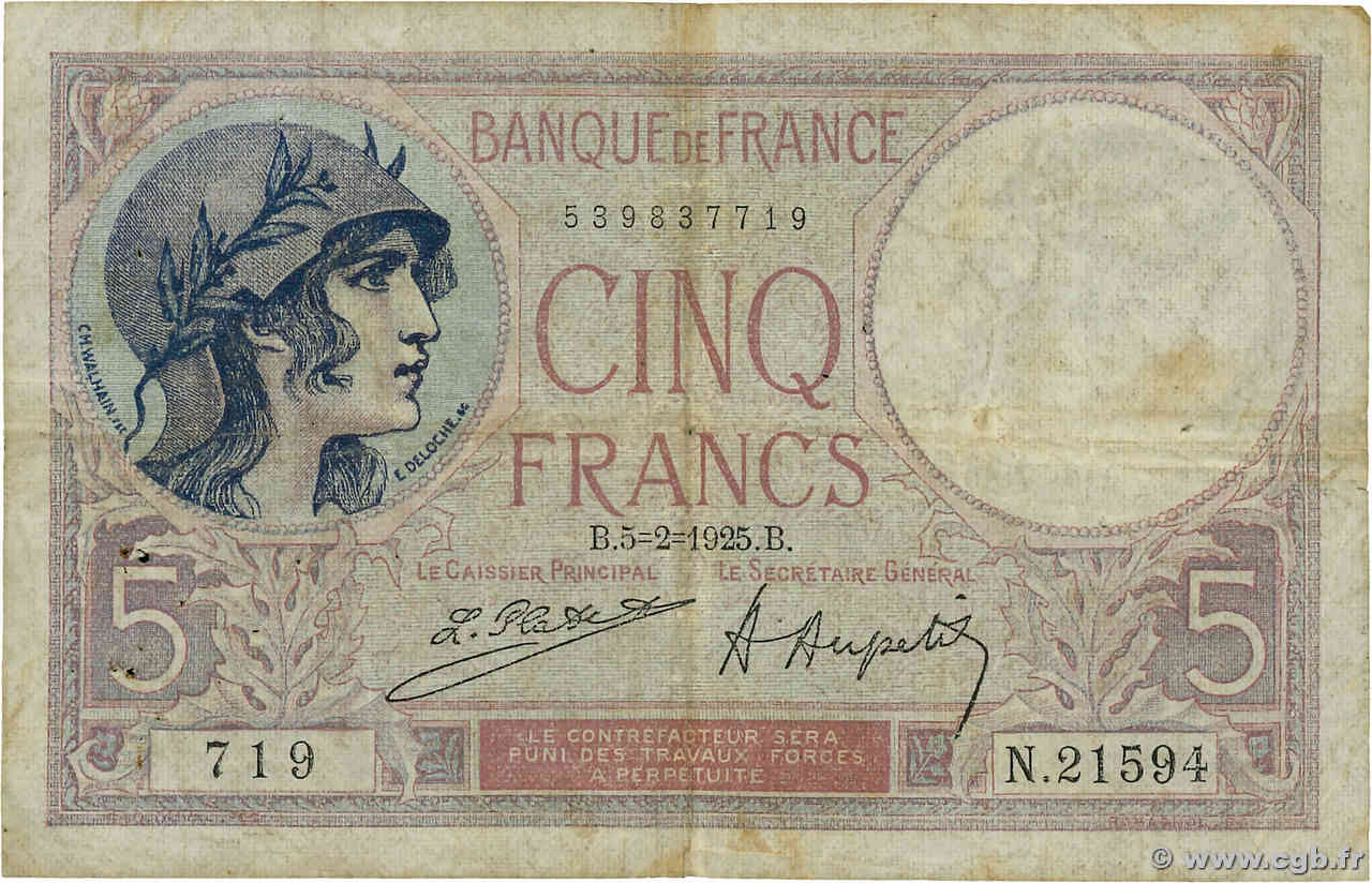 5 Francs FEMME CASQUÉE FRANCE  1925 F.03.09 B+