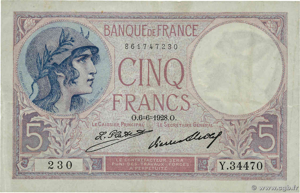 5 Francs FEMME CASQUÉE FRANCE  1928 F.03.12 TB