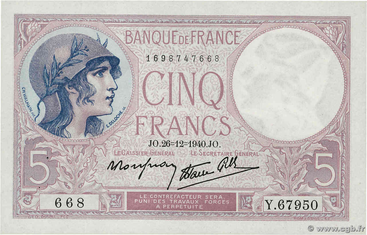 5 Francs FEMME CASQUÉE modifié FRANCE  1940 F.04.18 SUP