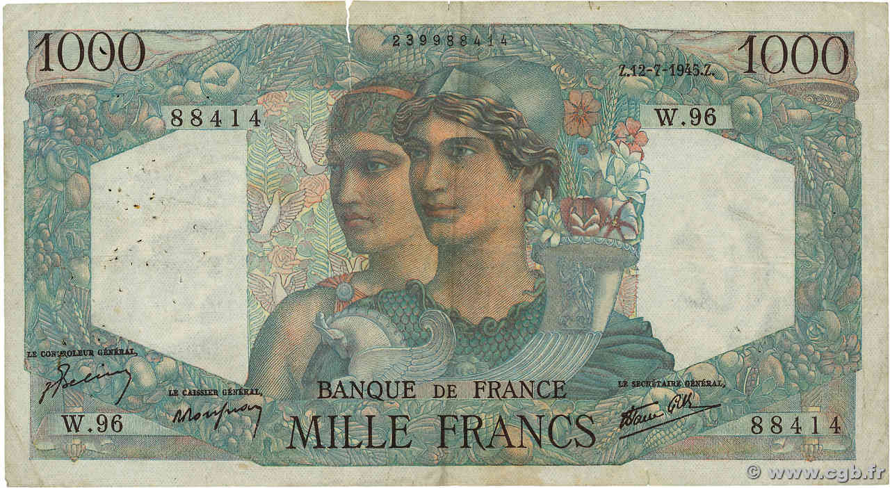 1000 Francs MINERVE ET HERCULE FRANCE  1945 F.41.06 B+