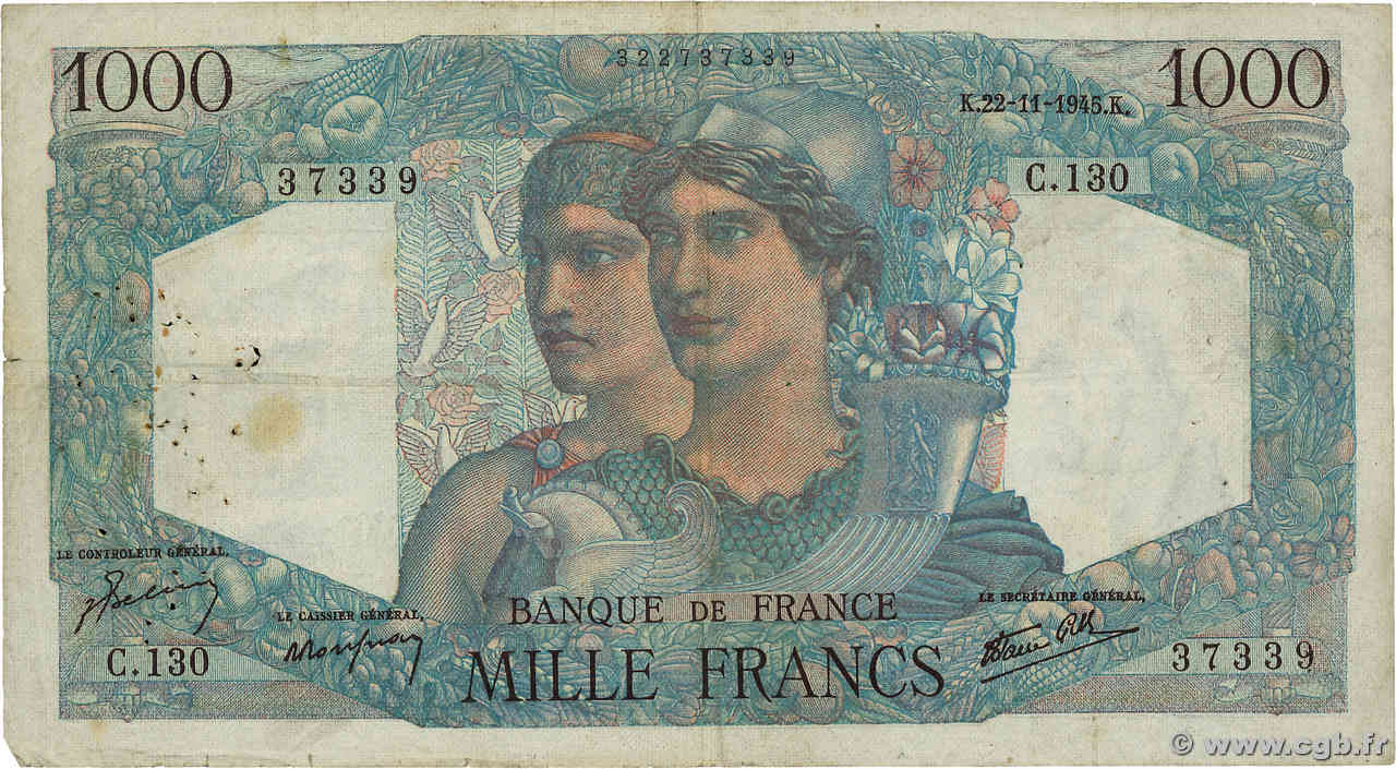 1000 Francs MINERVE ET HERCULE FRANCE  1945 F.41.08 B+