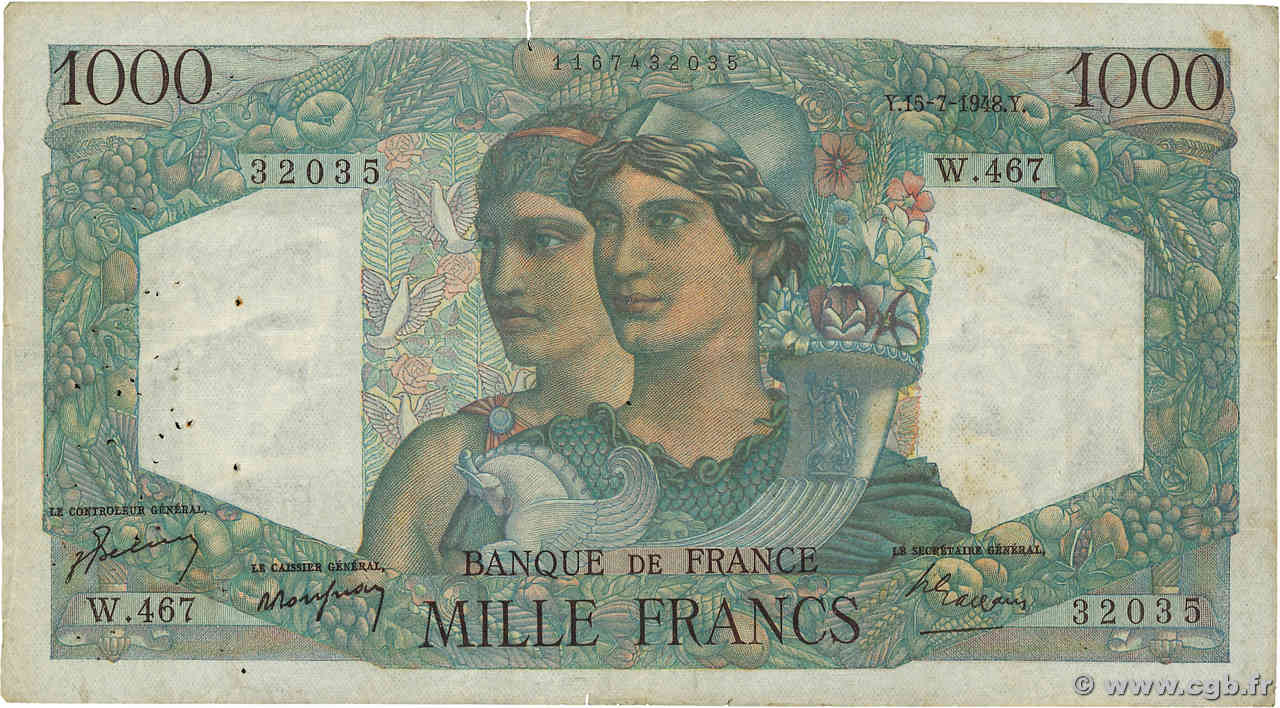 1000 Francs MINERVE ET HERCULE FRANCE  1948 F.41.22 TB