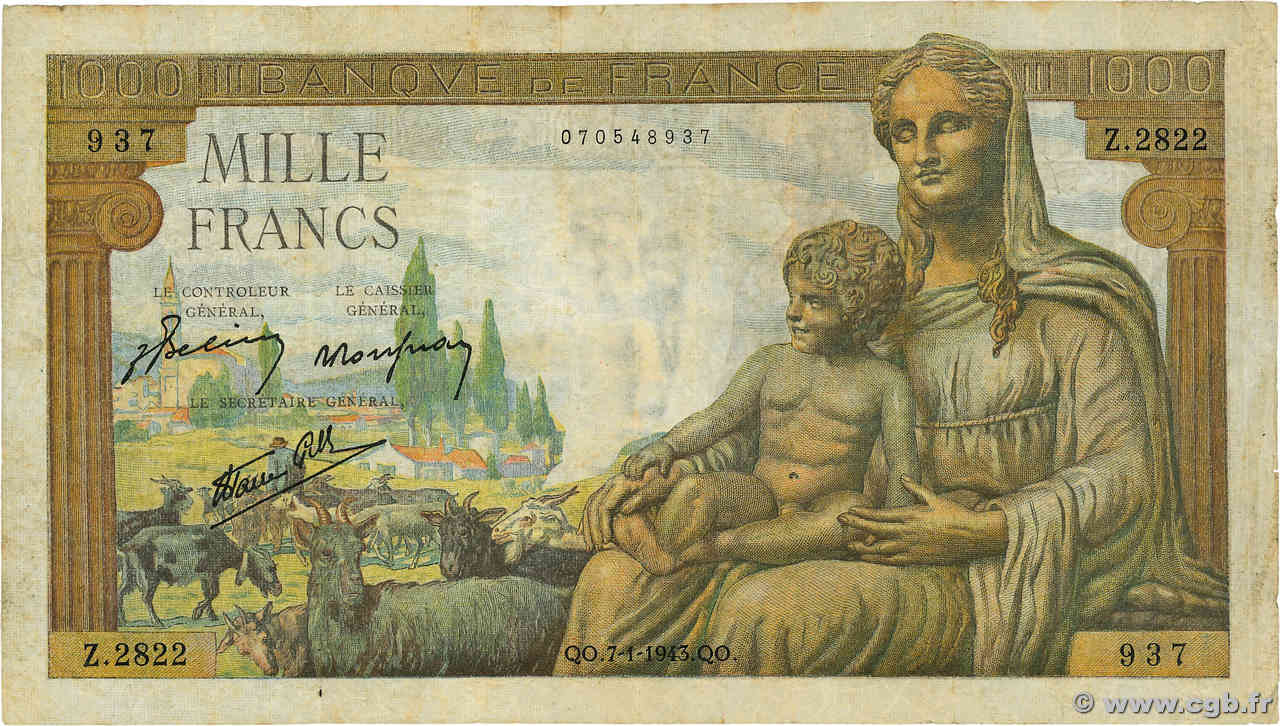 1000 Francs DÉESSE DÉMÉTER FRANCE  1943 F.40.15 B