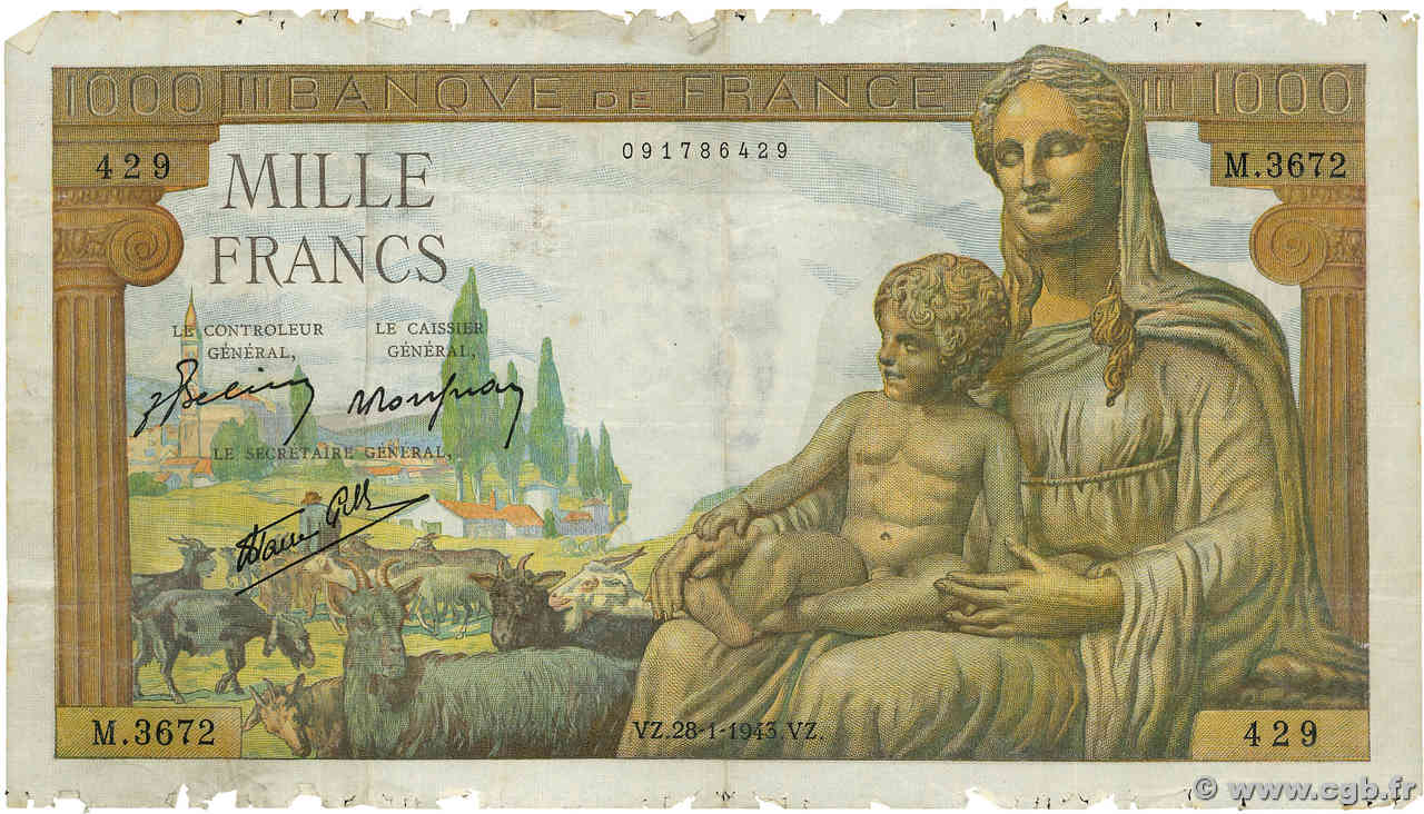 1000 Francs DÉESSE DÉMÉTER FRANCE  1943 F.40.17 B