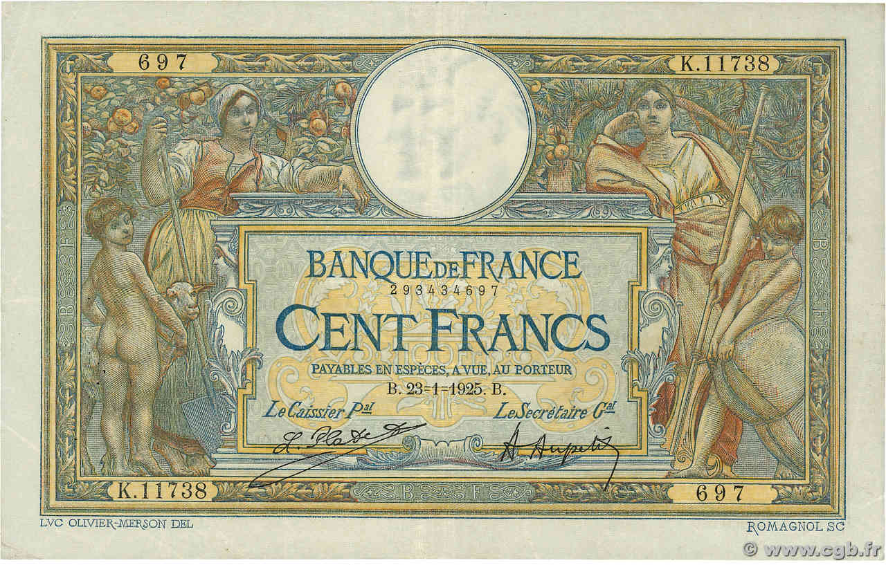 100 Francs LUC OLIVIER MERSON grands cartouches FRANCE  1925 F.24.03 B