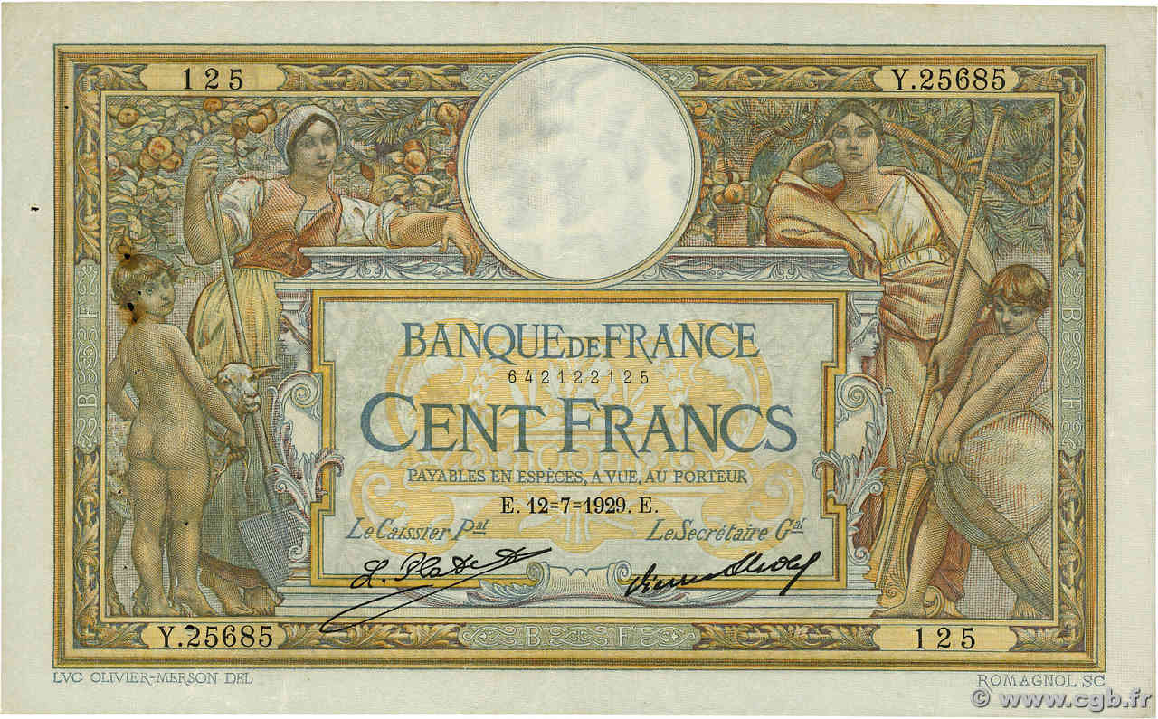 100 Francs LUC OLIVIER MERSON grands cartouches FRANCE  1929 F.24.08 TB+