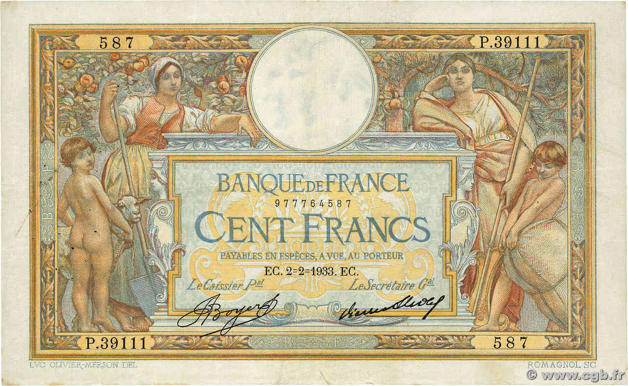 100 Francs LUC OLIVIER MERSON grands cartouches FRANCIA  1933 F.24.12 q.BB