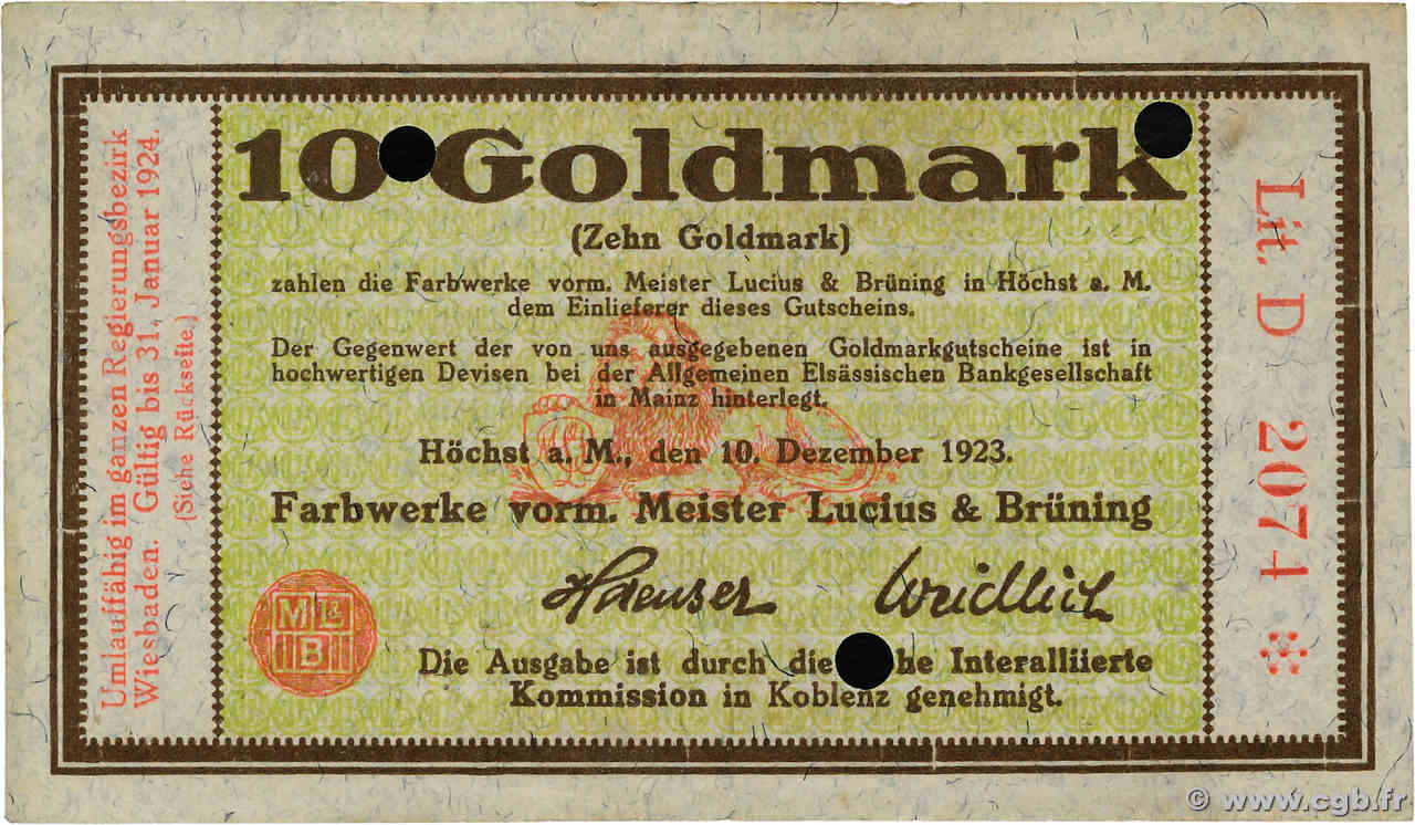 10 Goldmark ALLEMAGNE Hochst 1923 Mul.2525.12 SUP+