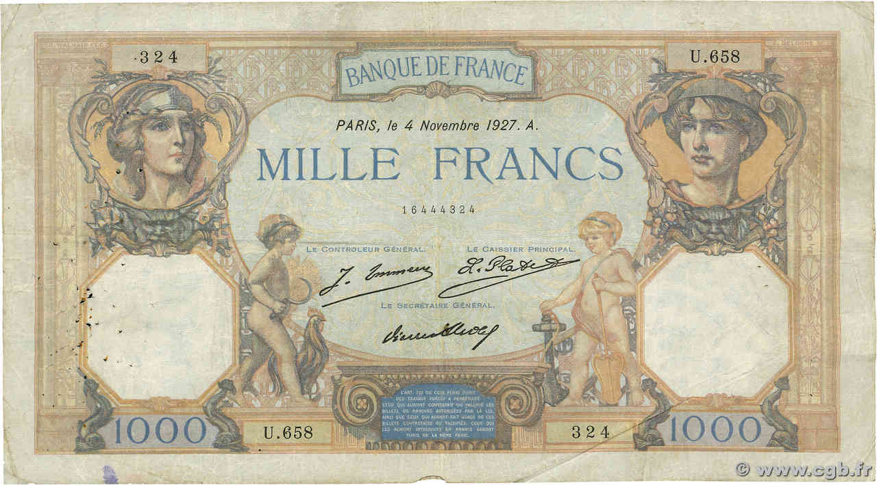 1000 Francs CÉRÈS ET MERCURE FRANCE  1927 F.37.01 B+