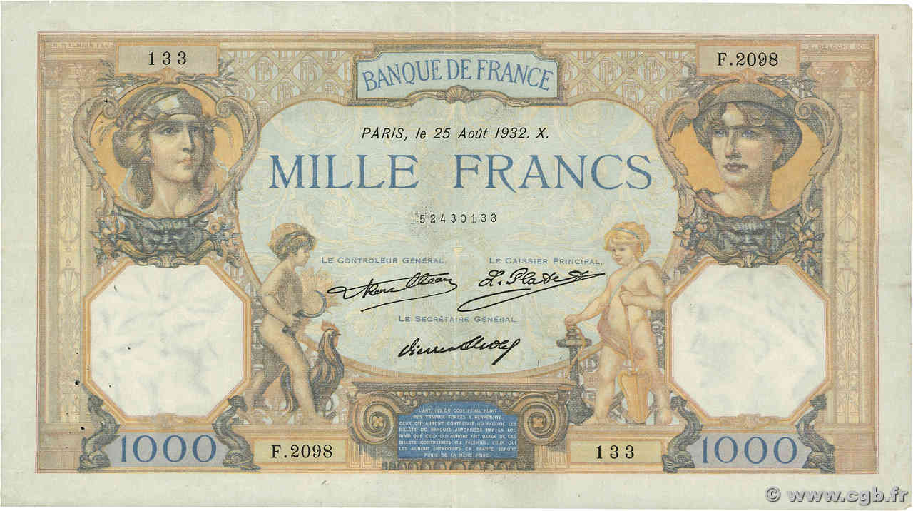 1000 Francs CÉRÈS ET MERCURE FRANCE  1932 F.37.07 TB+