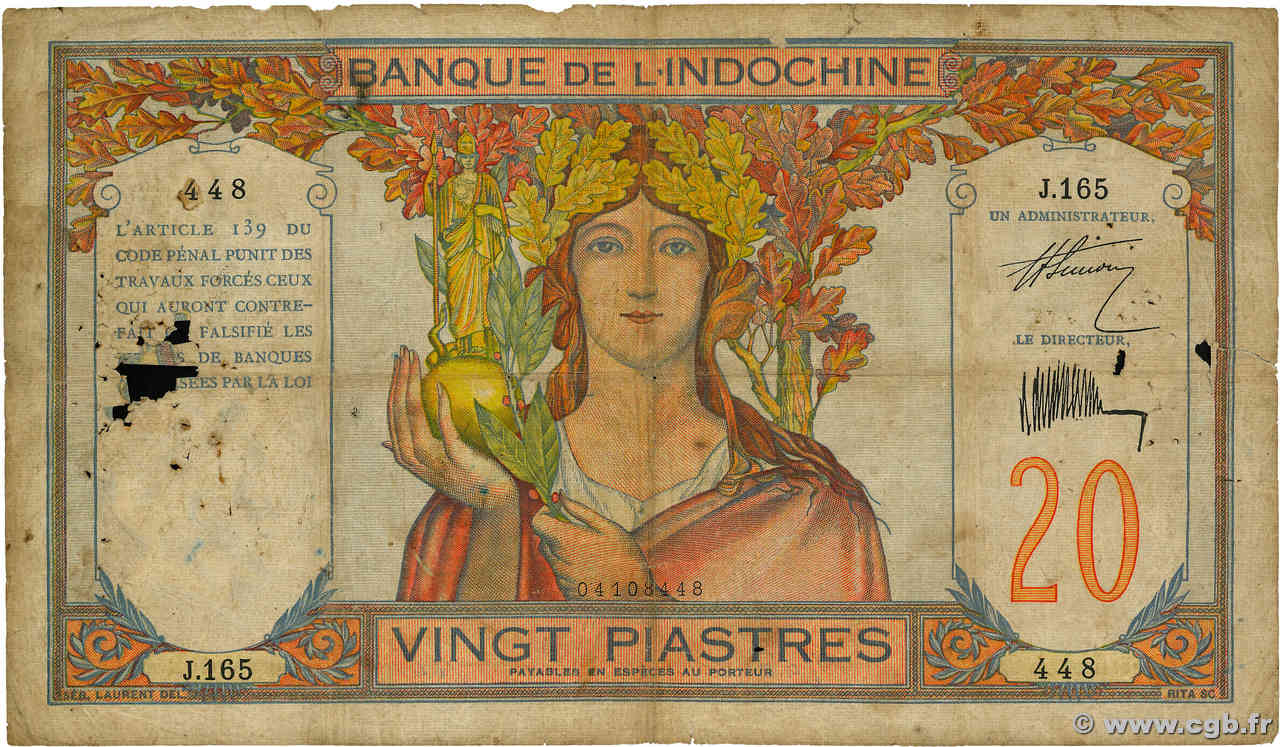 20 Piastres INDOCHINE FRANÇAISE  1927 P.050 pr.B