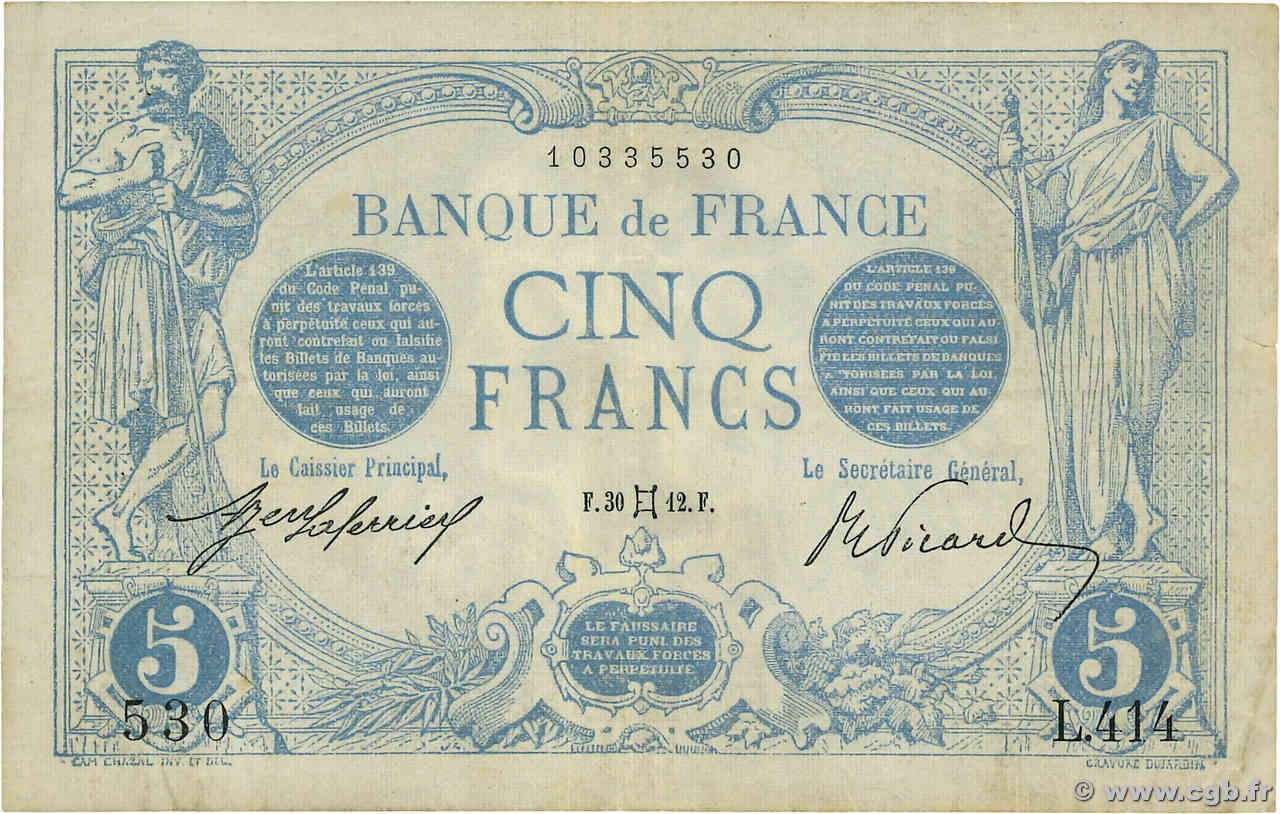 5 Francs BLEU FRANCE  1912 F.02.05 pr.TTB