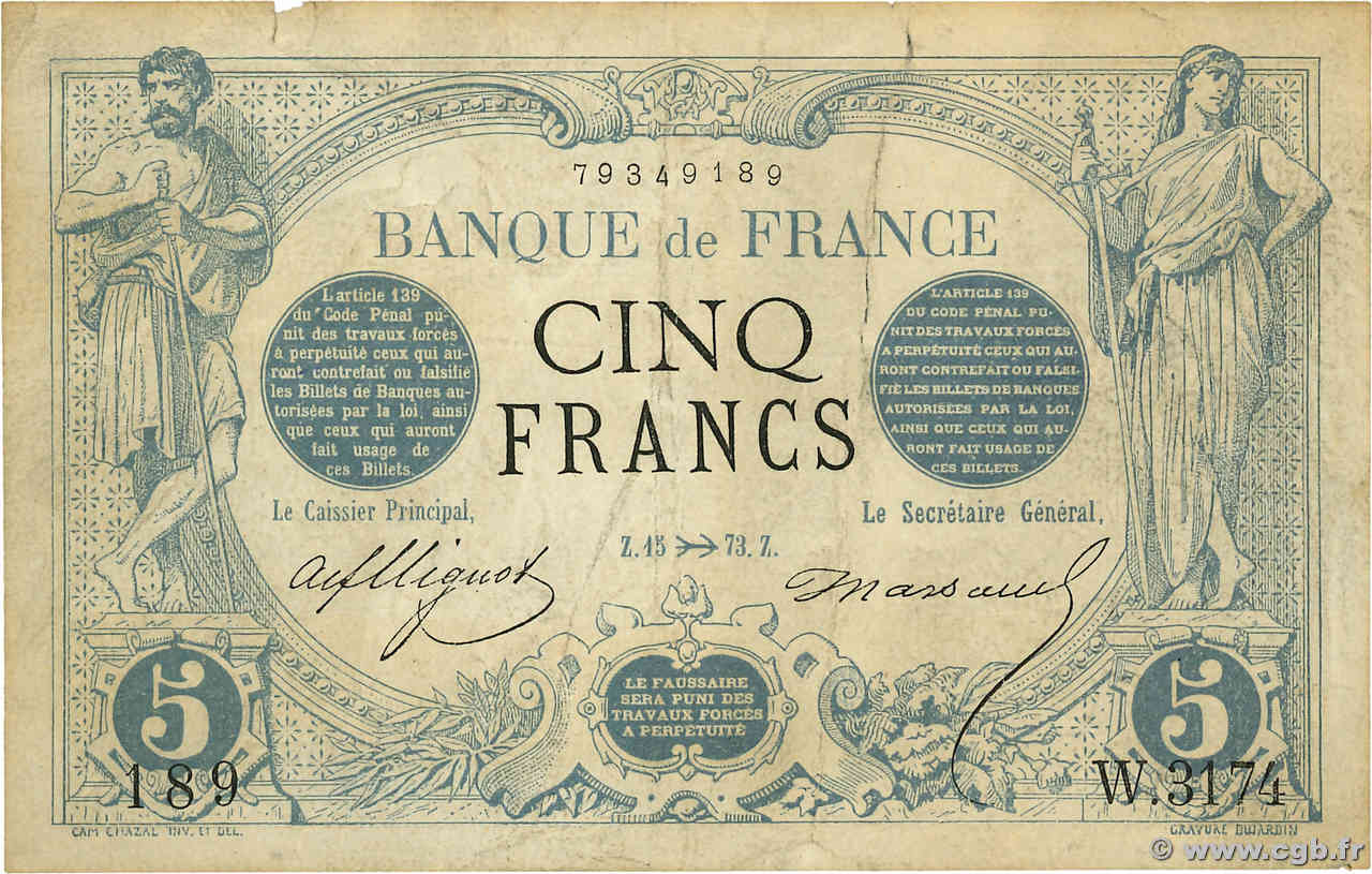 5 Francs NOIR FRANCE  1873 F.01.23 pr.TTB