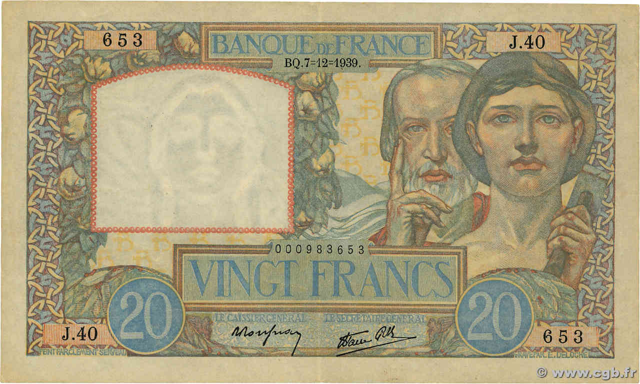 20 Francs TRAVAIL ET SCIENCE FRANCE  1939 F.12.01 TTB+