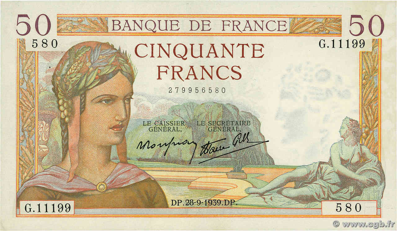 50 Francs CÉRÈS modifié FRANCE  1939 F.18.32 SUP